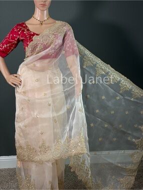 Sheer Ivory & Gold Embroidered Saree with Red Blouse (Brand New )